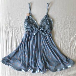 Blue Floral Mesh Slip Dress with Matching Panties